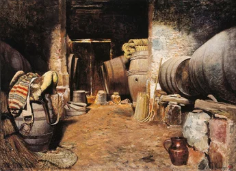 Indre af en celle. Stald med tønder i hø og hestesadel. Maleri af Tomas Moragas y Torras (1837-1906), slutningen af det 19. århundrede. Olie på lærred. Barcelona, National Art Museum of Catalonien.