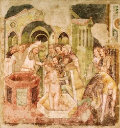 Legend of St Ursula: Baptism of Prince of England, af Tommaso da Modena (1326-1379), fresco, Church of Santa Caterina, Treviso