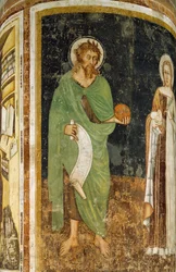 St Agnes og St John Baptist, detalje fra søjle dekoreret af Tommaso da Modena (1325 eller 1326-før 1379), fresco, St Nicholas Church, Treviso, Italien