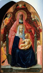 Madonna har barn med den hellige Anne og fem engle Detrempe på træ af Masaccio (Tommaso di ser Giovanni di Mone Cassai) (1401-1428) 1424-1425 Mål 175x103 cm Firenze, Galleria degli Uffizi (Kontorer)