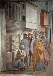 Sankt Peter helbreder syge med sin skygge - Sankt Peters skygge helbreder syge - fresko af Tommaso di ser Giovanni di Mone Cassai, kaldet Masaccio (1401-1428), 229,8 x 161,9 cm