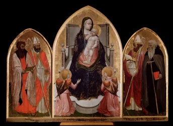 San Giovenale-triptykon: Jomfru Maria med barnet, venstre panel med Sankt Bartholomæus og Sankt Blasius, og højre panel med Sankt Juvenalis (Giovenale) - altertavle
