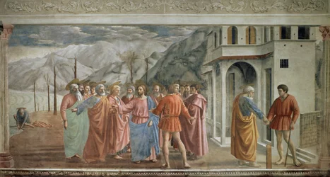 Skattepengene, fresko af Tommaso di ser Giovanni di Mone Cassai, kaldet Masaccio (1401-1428), 254,5 x 598,3 cm