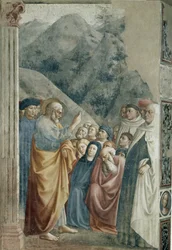 Prædikation af St. Peter - Fresco af Tommaso di Cristoforo Fini dit Masolino da Panicale (1383-omkring 1440), 255x162 cm, ca. 1425. Firenze, Santa Maria del Carmine-kirken, Brancacci-kapellet