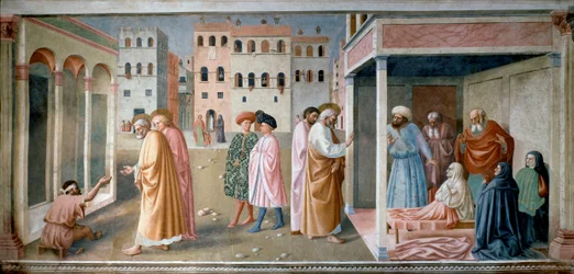Sankt Peter bekæmper estropien og genopstandelsen af ​​Tabitha Fresco af Tommaso di Cristoforo Fini dit Masolino da Panicale (1383-omkring 1440)