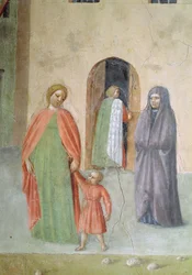 St. Peter, der helbreder en krøbling og opdragelsen af Tabitha: detalje af fjerne figurer: nonne og mor og barn, fresko omkring 1427