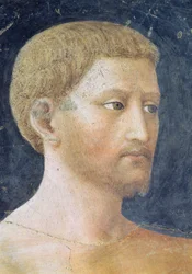 Adams og Evas fristelse detalje af Adams hoved, fresko omkring 1427