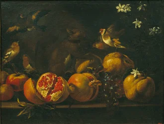 Stilleben med granatæbler, druer, fugle og et egern