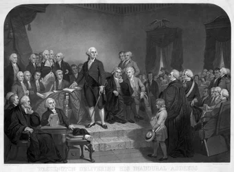 Washington holder sin åbningstale i april 1789, pub. ca. 1850