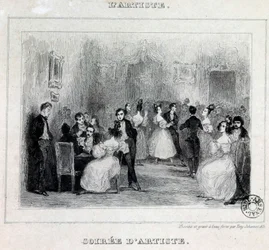 En kunstneraften: bold og kortspil under en borgerlig aften Tegning af Antoine Johannot dit Tony Johannot (1803-1852) 1831 Paris, Bibliotheque de l