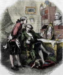 Illustration af "" Rejse rundt i mit værelse"" (1794) af Xavier de Maistre. Illustration af Tony Johannot