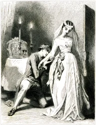 Sukkende elsker knæler for fødderne af sin smukke forlovede i et interiør med stearinlys - pige i romantisk kjole og frisure - kobberstik (radering 1845) af Tony Johannot (Antoine Johannot dit