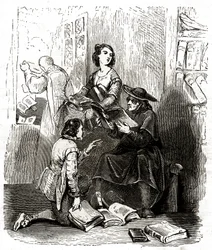 Præsten Pero Perez og barberen Nicolas inspicerer bøgerne i Don Quijotes bibliotek, ca. 1850 (illustration)