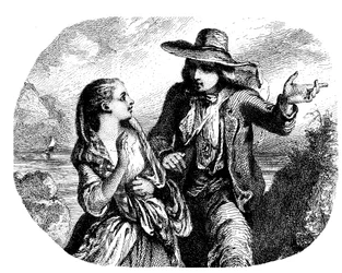 To elskende ved vandet (flod - sø - hav) med en båd (sejlbåd - sejlbåd) i det fjerne - radering (detalje) af Tony Johannot (Antoine Johannot sagde