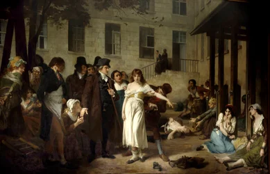 Doktor Philippe Pinel (1745-1826) befrier i 1795 mennesker med psykisk sygdom fra deres lænker på Salpêtrière-hospitalet i Paris. Maleri af Tony Robert-Fleury (1837-1912), 19. århundrede, Paris, Salpêtrière-hospitalet