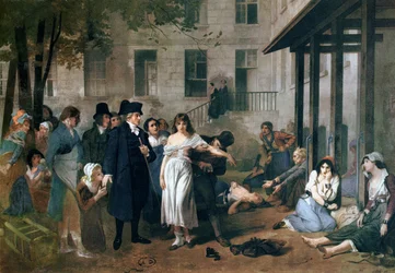 Philippe Pinel (1745-1826) befrier psykisk syge fra deres lænker på Salpêtrière-asylet i Paris i 1795