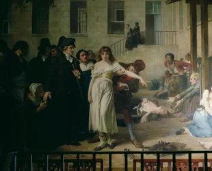 Philippe Pinel (1745-1826) befrier sindssyge fra deres lænker på Salpêtrière-asylet i Paris i 1795, 1886 (detalje)