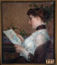 Billedet En kvinde, der beundrer en tegning. Maleri af Tony Robert Fleury (1837-1912) 1800-tallets Orleans, Musee des Beaux Arts