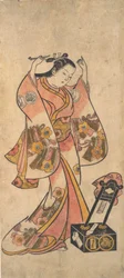 Sanjo Kantaro som en kvinde, der arrangerer sit hår foran et lakspejl, før 1763.
