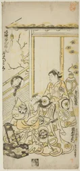 Skuespillerne Tamazawa Saijiro I som Oiso no Tora og Ichimura Uzaemon VIII som Soga no Juro i stykket "Haru wa Akebono Kuruwa Soga", opført på Ichimura Theatre i den første måned, 1743