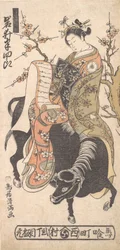 Skuespilleren Iwai Hanshiro som kurtisane læser et kærlighedsbrev, mens han er monteret på en sort ..., ca. 1763.