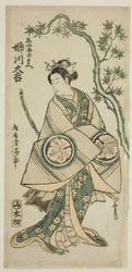 Skuespilleren Anegawa Daikichi som Ayame no Mae i stykket "Miyo no Hana Yunzei Kagami", opført på Morita-teatret i den ellevte måned i 1760.