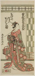 Skuespilleren Arashi Sankatsu som Kanamuraya Osan i stykket "Soga Hiiki Nihon Sakura", der blev opført på Nakamura-teatret i den tredje måned i 1762.