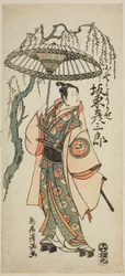 Skuespilleren Bando Hikosaburo II som Ono no Yorikaze i stykket "Ono no Tofu Aoyagi Suzuri", der blev opført på Morita-teatret i den ottende måned i 1764.