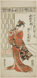 Skuespilleren Hanagawa Ichinojo som Akane Gozen i stykket "Okunizome Shusse Butai", opført på Ichimura-teatret i den ellevte måned i 1759.