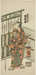 Skuespilleren Ichikawa Masuzo I som Soga no Goro i stykket "Tokitsukaze Irifune Soga", der blev opført på Nakamura-teatret i den første måned i 1758.