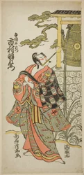 Skuespilleren Ichimura Uzaemon IX som Teraoka Heiemon i stykket "Hoshi Aikotoba Higashiyama no Sakae", opført på Ichimura-teatret i den niende måned, 1763.