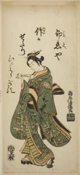 Skuespilleren Nakamura Matsue som Oshichi i stykket "Fujibumi Sakae Soga", der blev opført på Ichimura-teatret i den anden måned i 1763.