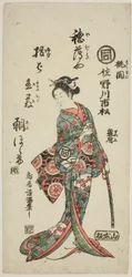 Skuespilleren Sanogawa Ichimatsu I som Momozono i stykket "Katakiuchi Mogami no Inabune", der blev opført på Ichimura-teatret i den syvende måned i 1759.