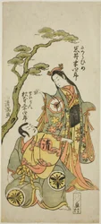 Skuespillerne Iwai Hanshiro IV som Sakura Hime og Matsumoto Koshiro IV som præsten Seigen i stykket "Wada Sakamori Eiga Kagami", der blev opført på Namakumura-teatret i den første måned i 1773.