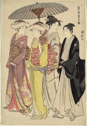 En dame med tre tjenere, fra serien "A Brocade of Eastern Manners (Fuzoku Azuma no nishiki)"