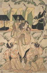 Skuespillere i en shosa-forestilling, der kombinerer skuespil og dans, ca. 1790.