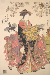 En Oiran ledsaget af to bid.