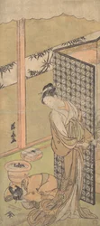 En Oiran i natdragt, holder pause, med en hånd på skærmen, der omgiver hendes seng,..., ca. 1770.