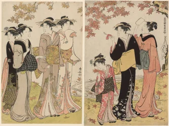 Beautys Under a Maple Tree, fra serien "A Collection of Contemporary Beauties of the Pleasure Quarters (Tosei yuri bijin awase)"
