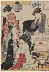 Underholdning på en balkon ved vandet i Nakasu, fra serien, A Collection of Beautiful Modern Women of the Pleasure Quarters