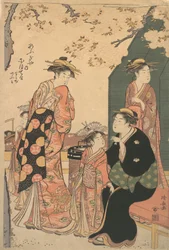 Portræt af Courtesan Nioteru fra Ogiya, med hendes to ledsagere Namiji og Ao-..., ca. 1785.