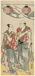 Skuespillerne Arashi Ryuzo II og Ichikawa Komazo III, fra en pentatykon med elleve skuespillere, der fejrer festivalen for Soga-brødrenes helligdom