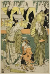Skuespillerne Bando Matakuro IV som Chubei, Osagawa Tsuneyo II som Umegawa og Nakamura Katsugoro som Magoemon i stykket "Keisei Koibikyaku"