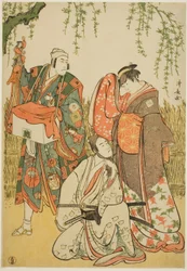 Skuespillerne Ichikawa Yaozo III som Shiragiku, Ichikawa Danjuro V som dukkeføreren Dekurokubei og Sawamura Sojuro III som Soga no Juro, i joruri "Shinobukoi Yanagi no Katsura Otoko," optrådte på Nakamura Theatre i den første måned, 1785