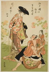 Skuespillerne Iwai Hanshiro IV som Kuzunoha, Ichikawa Yaozo III som Yakanpei og Ichikawa Ebizo IV som Abe no Doji i stykket "Ashiya Doman Ouchi Kagami", opført på Nakamura Theatre i niende måned, 1784
