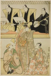 Skuespillerne Nakayama Kojuro VI (Nakamura Nakazo I) som Chidori, Sawamura Sojuro III som Shigemori og Ichikawa Yaozo III som Yoshibei, i shosaen "Fukyoku Edo Geisha", opført på Nakamura Theatre i den ellevte måned, 1785
