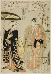 Skuespillerne Sawamura Sojuro III som Kusunoki Masatsura og Arashi Murajiro som Ben no Naishi, i shosaen "Sode Furu Yuki Yoshino Shui," optrådte på Nakamura Theatre i den ellevte måned, 1786