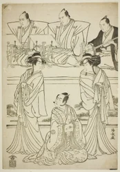 Skuespillerne Segawa Kikunojo III som spøgelse af Yatsuhashi, Sawamura Sojuro III som Soga no Juro, og Ichikawa Danjuro V som spøgelse af Seigen, i stykket "Sono Omokage Matsu ni Sakura," opført på Nakamura Theatre i den første måned, 1783