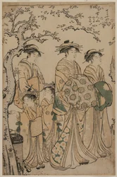 Courtesane Senzan fra Chojiya slentrer med sin Kamuro Yasono og Yasoji og Two Shinzo, 1786.