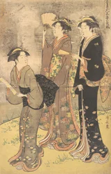 Tre unge kvinder slentrer på bredden af Sumida-floden.